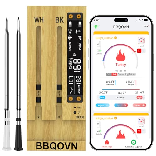BBQOVN WiFi Sub-1G Wireless Meat Thermometer Unlimited Range 7 NIST Certified Sensors with Ambient Temp 2 Temp Monitoring Ways Digital Smart Base and App for BBQ, Smoker, Grill, Oven (Dual Probes)