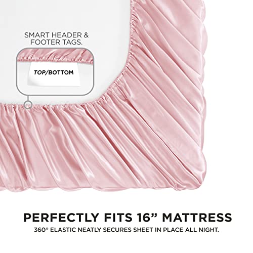 Juicy Couture King Size Silk Satin Bed Sheet Set, Deep Pocket Silky King Sheet Set with 1 Fitted Sheet, 1 Flat Sheet and 2 Pillow Case, Wrinkle Resistant and Anti Pilling Bed Sheets - Pink Juicy Couture