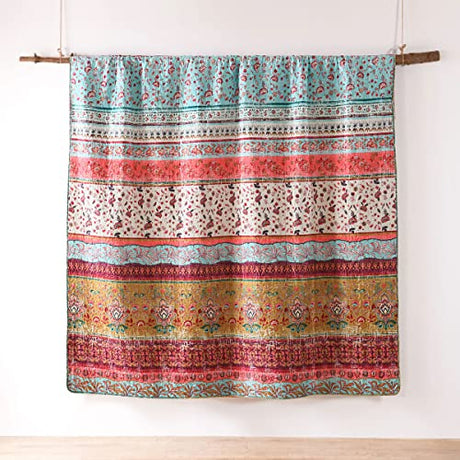 Boho Style Twin Size Quilt Set Reversible Bohemian Floral Strip Quilt Beddding Set, Soft and Lightweight Bedspread for All Season,XL Twin Bed Coverlet with 1 Matching Pillow Sham (2 Pieces) HORIMOTE HOME