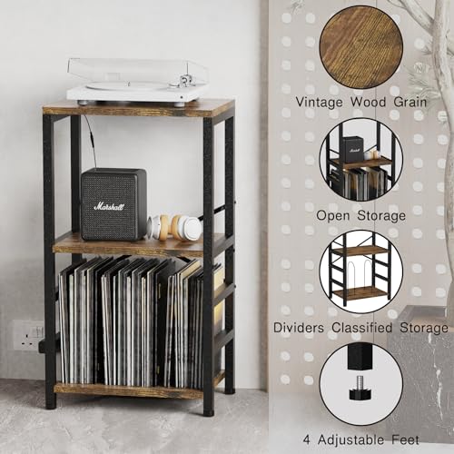 YAKANJ End Table with LED Light,Record Player Stand with Albums Storage,Vinyl Records Storage,Turntable Stand Side Table for Music Room Studio Living Room Bedroom-Retro YAKANJ