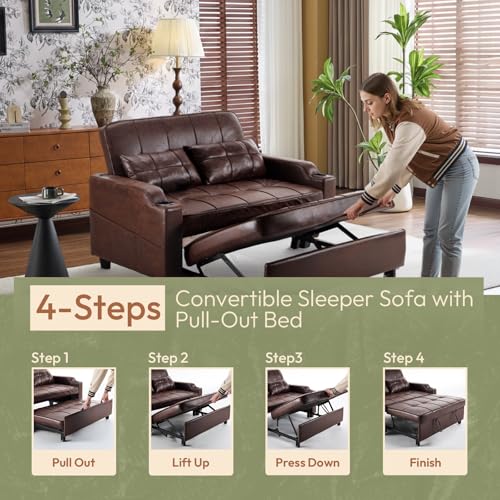 VINGLI Rustic Futon Sofa Bed Convertible Loveseat Sleeper Sofa Couch, Pullout Sofa Fold Out Couch Bed with USB Ports, Cup Holders, Armrest for Living Room, Bedroom Apartment Room VINGLI