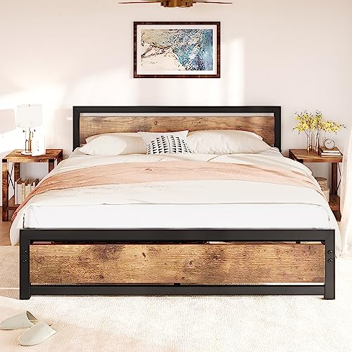 Industrial Rustic King Size Bed Frame with Wooden Headboard, No Box Spring Needed, Easy Assembly - WoodArtSupply