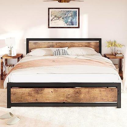 Industrial Rustic King Size Bed Frame with Wooden Headboard, No Box Spring Needed, Easy Assembly - WoodArtSupply