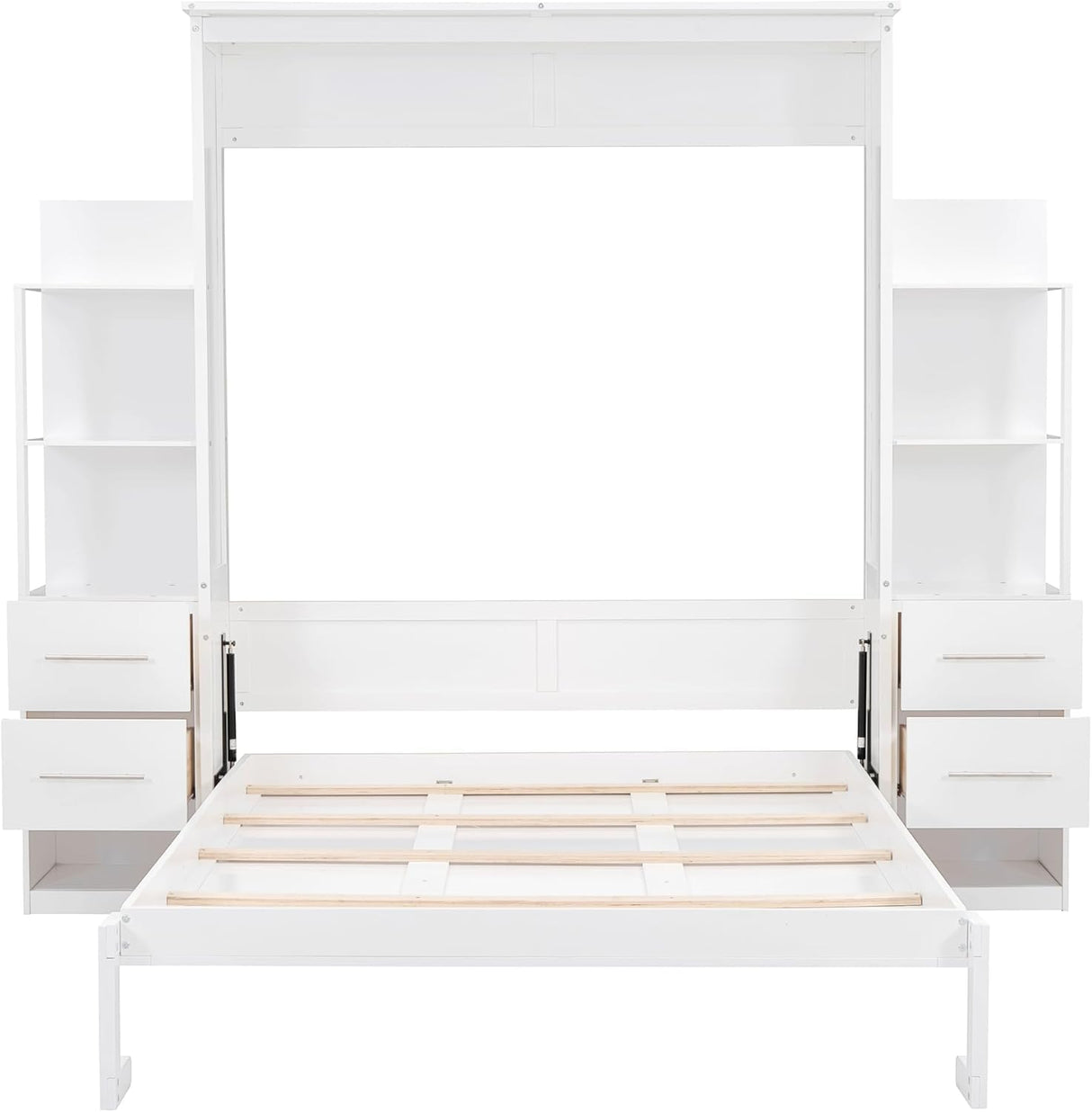 MERITLINE Queen Murphy Bed with Storage Drawers,LED Lights and Shelves,Wood Murphy Wall Bed Cabinet for Adults (White) MERITLINE
