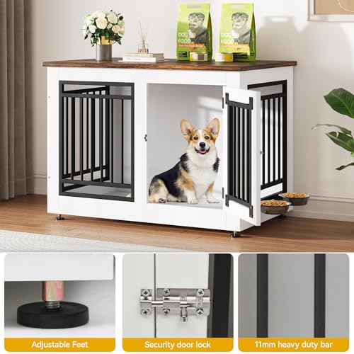 DWVO Dog Crate Furniture with Adjustable Feet & Removable Bowls, 35 Inch Dog Kennel Indoor Furniture End Table for Dogs, Modern Decorative Wooden Cage, Chew-Resistant, White DWVO