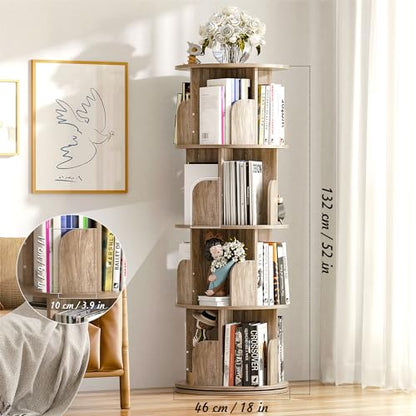 GOOFCXO 4-Tier 360° Rotating Bookshelf - Oak Floor-Standing Storage Rack for Home & Office - WoodArtSupply