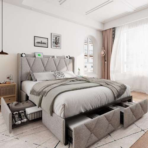 iPormis Modern Upholstered Queen Bed Frame with 4 Storage Drawers and Charging Station iPormis
