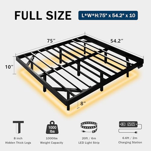 GalnFu Full Size Floating Bed Frame with LED Lights and Charging Station, Metal Platform Bed Frame with Heavy Duty Steel Slats Support, Noise-Free, No Box Spring Needed, Easy Assembly GalnFu