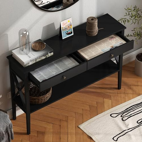 ChooChoo 47" Console Table with Drawers, Narrow Wood Accent Sofa Table Entryway Table with Storage Shelf for Entryway, Front Hall, Hallway, Living Room, Black ChooChoo