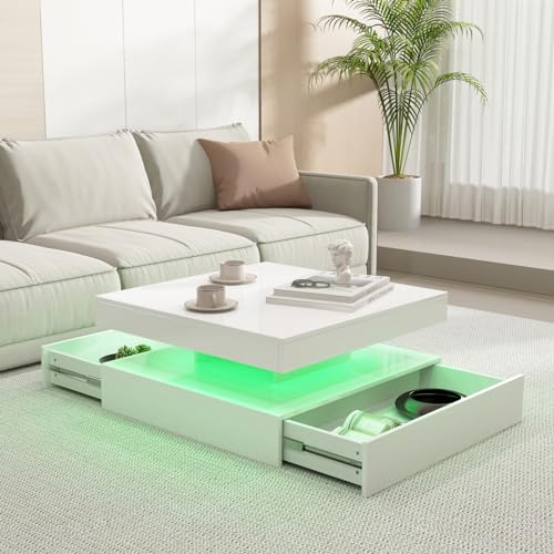 LED Square Coffee Table White with Storage Drawers, High Glossy Center Table Living Room, Mid-Century Cocktail Table, 16 Color & 4 Mode Lights, 2-Tier Middle Table Modern, 31"x31"x14.6" - WoodArtSupply