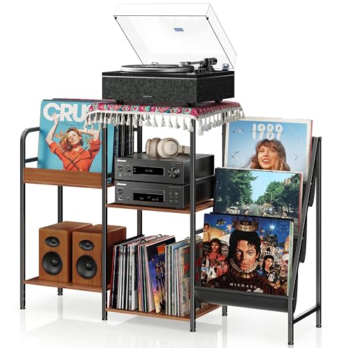 Qlearsoul Vinyl Record Stand, 3-Tier Record Player Table with Left and Right Storage for Living Room Bedroom Qlearsoul