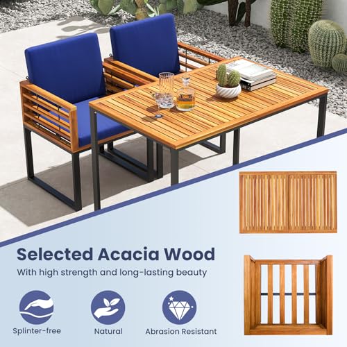 Tangkula 3 Piece Outdoor Dining Set, 2 Acacia Wood Armchairs with 43.5 Inch Dining Table, Heavy-Duty Metal Support, Cushioned Space-Saving Patio Furniture Set for Porch, Poolside Tangkula