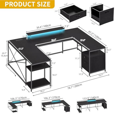 DWVO U Shaped Desk with Drawers, 79" Reversible L Shaped Desk with Power Outlets & LED Lights, Corner Computer with Monitor Stand & Storage Shelves, Black DWVO