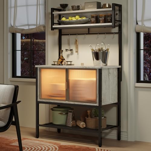 Bestier Retro Grey Oak 5-Tier Multifunctional Bakers Rack with Storage Cabinet & LED Light Bestier