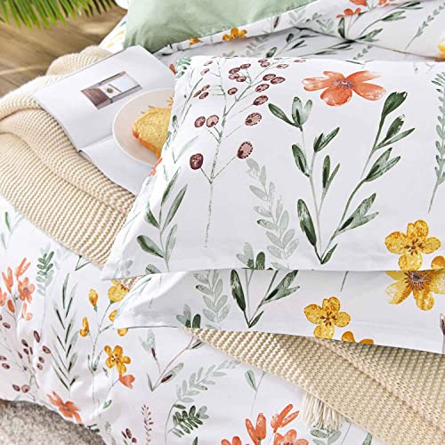 Floral Duvet Cover King Size - White Yellow Flowers and Green Leaf Spring Botanical Printed Microfiber Comforter Cover Set - 3PC 104X90 Soft and Lightweight Quilt Cover, Farmhouse Style for Women Men Faincy