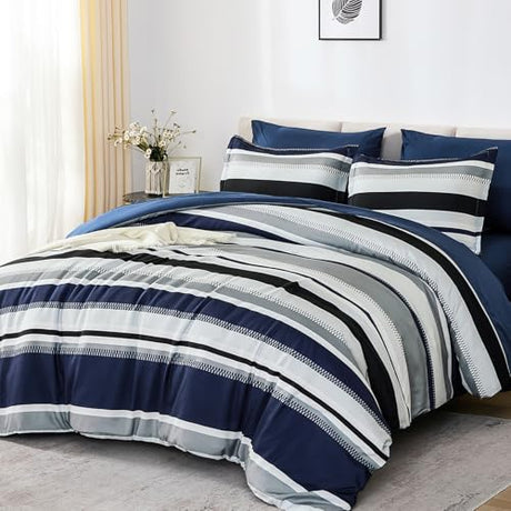 WONGS BEDDING Queen Comforter Set, 7 Pieces Navy Blue Comforter Set Queen Size, Soft Striped Bed in a Bag Bedding Set with Comforter, Flat Sheet, Fitted Sheet, Pillow Shams, Pillowcase WONGS BEDDING