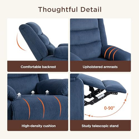 360° Swivel Rocker Recliner Chair for Adults, Nursery Manual Reclining Chair with Arms and Back, Upholstered Glider Rocking with Side Pockets for Living Room, Bedroom Nursing use, Corduroy, Blue FiveWillowise