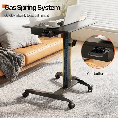 JOY worker Height Adjustable Rolling Laptop Desk with Shelf,Mobile Standing Desk,Pneumatic Mobile Laptop Table with Wheels for Couch Home Office School,Holds Up to 22lbs,Black JOY worker
