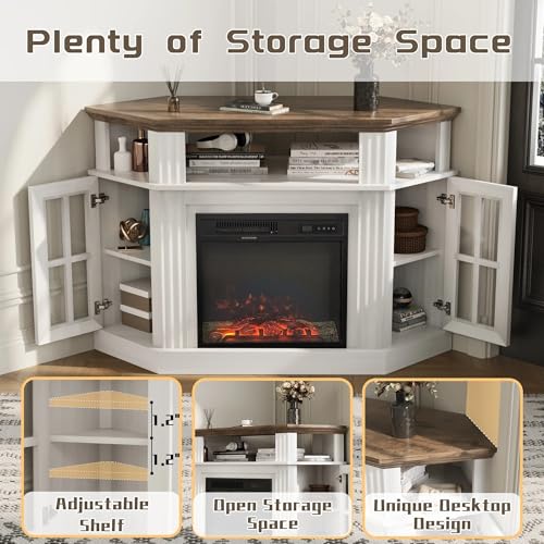 Flamaker Fireplace Corner TV Stand for TVs up to 55 Inch, Entertainment Center with 18" Fireplace, TV Console Table with Glass Door Storage Cabinet and Open Shelf (White) Flamaker