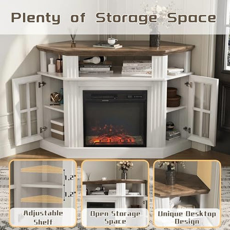 Flamaker Fireplace Corner TV Stand for TVs up to 55 Inch, Entertainment Center with 18" Fireplace, TV Console Table with Glass Door Storage Cabinet and Open Shelf (White) Flamaker