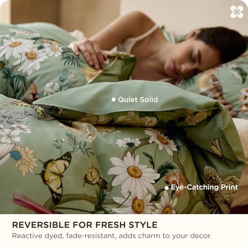 Bedsure 100% Cotton Reversible Floral Duvet Cover King Size - Flowers and Birds Pattern Printed Comforter Cover with Zipper Closure & 2 Pillow Shams, Comforter Sold Separately (Green Garden, 104"x90") Bedsure