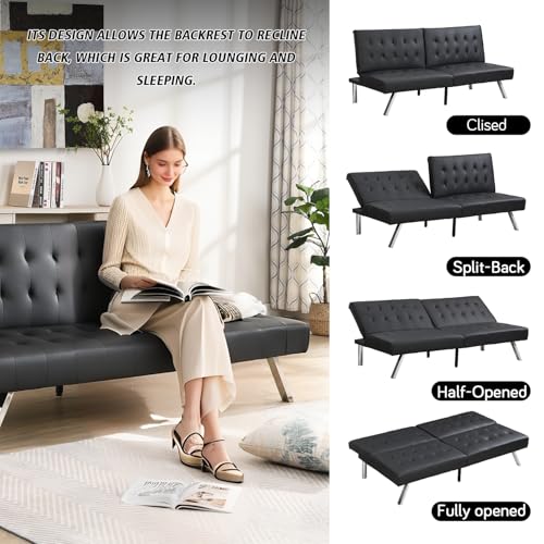 Anwick Sofa Bed, Modern Convertible Folding Futon Couch, Adjustable Sleeper Sofa Bed, Upholstered in Faux Leather for Living Room, Apartment, or Office (Black Leather) Anwick