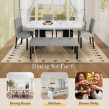 Merax 6-Piece Dining Table Set with Modern Faux Marble Oval Kitchen Tabletop, Four Upholstered Chairs and One Bench for Dining, Living Room, Kitchen, Easy Assembly, White+Gray Merax
