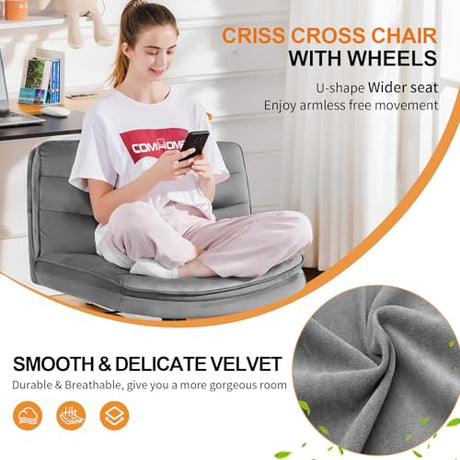 COMHOMA Cross Legged Office Chair with Wheels Armless-Office Desk Chair, Modern Vanity Computer Task Chairs for Home Bedroom, Comfortable Wide Seat for Lower Back Pain Relief, Soft Velvet, Gray COMHOMA
