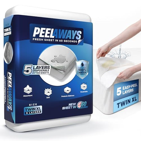 PEELAWAYS Waterproof Disposable Bed Sheets – for Use in Home Mattresses, Hospital Beds, Massage Tables, Hotels, and Campers – Comes with 5 Quick and Easy Peel Away Layers for Your Use PEELAWAYS