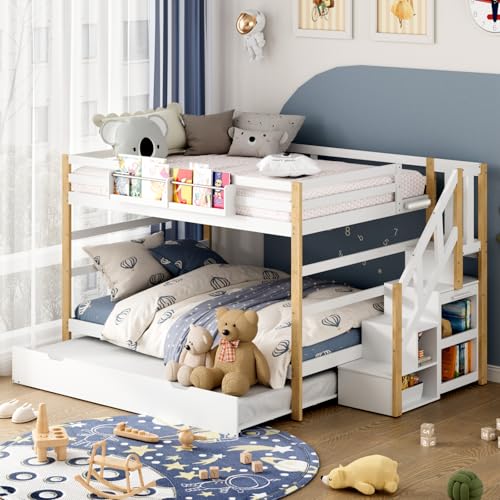 Wooden Full Over Full Bunk Bed with Trundle, Storage Stairs & Convertible Fold-Out Desk, Durable Solid Wood Frame, No Box Spring Required, Ideal for Kids, Teens & Adults (White + Natural Wood, Full) smilesun