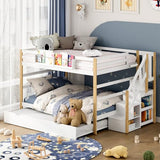 Wooden Full Over Full Bunk Bed with Trundle, Storage Stairs & Convertible Fold-Out Desk, Durable Solid Wood Frame, No Box Spring Required, Ideal for Kids, Teens & Adults (White + Natural Wood, Full) smilesun