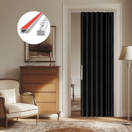AJAZZ 100% Blackout Sliding Door Curtains for Doorways, Accordion Doors for Doorway, Magnetic Door Curtain for Bedroom Living Room Doorway Curtain Sets Included Tracks (1Panel, 43W x 79 L, Black) AJAZZ
