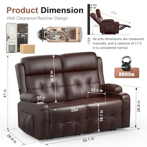 Furgatti Reclining Loveseat, 55.1" RV PU Leather Wall Hugger Recliner Love Seats Sofa with USB-A/Type C Charging Station, Cup Holder, Double Recliners Couch, Manual Love Seat for RV & Gaming Room