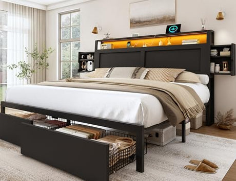 LARMACE King Size Bed Frame with Storage Drawers and Ergonomic Headboard,2-Tier Hidden Storage,Wooden Platform Bed Frame with Charging Station and LED Lights,No Box Spring Needed,Easy Assembly,Black LARMACE