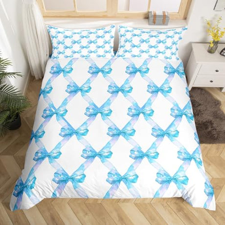 Cute Bowknot Bedding Set Twin Size 2 Pcs,Princess Style Blue Bow Watercolor Girly Duvet Cover for Kids Teens Bed Comforter Cover(No Filler),Geometric Grids Minimalist Dreamy Bedding Quilt Cover Manfei