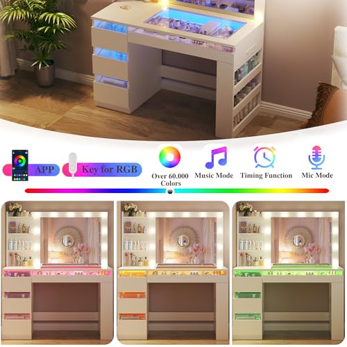 HUAHUU Vanity Desk with Lighted Mirror & Transparent Top, Makeup Vanity Desk with 4 Transparent Drawers and RGB Lighting, Built-in Power Outlet, 3-Tier Side Shelves & Storage Organizer for Bedroom HUAHUU