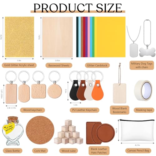 Dunzoom 96 Pcs Laser Material Explore Kit Laser Engraving Material for Laser Crafting, 18 Kinds Laser Engraving Accessories Includes Leather, Acrylic, Basswood, Metal, Wood Materials Dunzoom