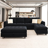 Belffin Velvet Convertible 4-Seat Sectional Sofa with Reversible Chaise L Shaped Sofa Couch Furniture Sets Sectional Couch with Storage Ottoman Black Belffin