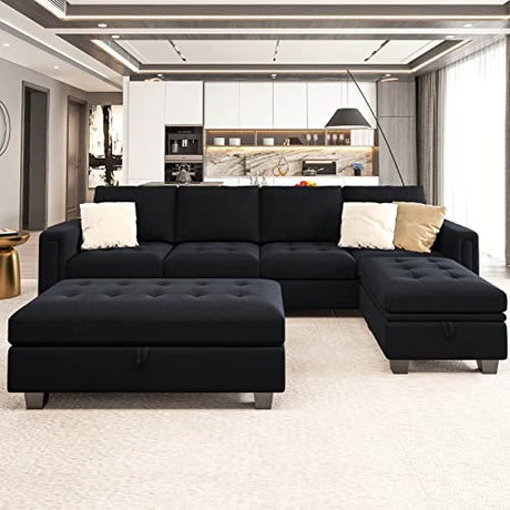 Belffin Velvet Convertible 4-Seat Sectional Sofa with Reversible Chaise L Shaped Sofa Couch Furniture Sets Sectional Couch with Storage Ottoman Black Belffin