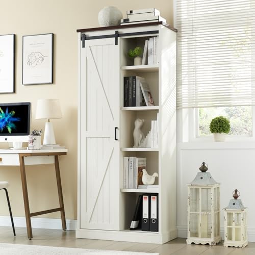 Aitjunz 72” Tall Farmhouse Bookshelf, 32” Wide Large Wooden Bookcase with Sliding Barn Door, 5-Tier Storage Cabinet with Adjustable Shelves, Modern Versatile Cabinet for Living Room, Bedroom, White Aitjunz