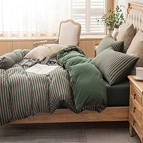 PURE ERA Jersey Knit Duvet Cover Set 100% T-Shirt Heather Cotton Super Soft Comfy Classic Striped Design, with Zipper Closure, Forest Green Stripe, Full PURE ERA