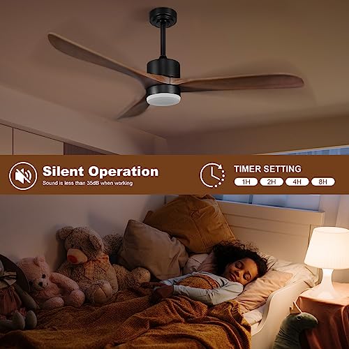 Wisful Ceiling Fans with Lights Remote Control, 56" Outdoor Wood Ceiling Fan with Light Memory for Patio Gazebo Living Room Bedroom, Walnut & Matte Black Wisful