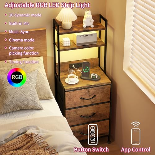 Fixwal 41 Inch Tall Nightstand with Charging Station, Led Night Stand with U-S-B Port & Socket, 3 PU Finished Fabric Storage Drawers, Office, Bedside Table & Bookshelf in One, Rustic Brown Fixwal