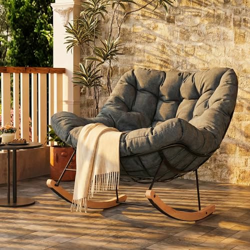 FLEXISPOT Oversized Outdoor Rocking Chair with Thick Cushioned Seat & Bonus Pillow, Modern Patio Papasan Rocker Lounge Chair with Metal Frame Wood Base Accent Chair for Porch Balcony Living Room Grey