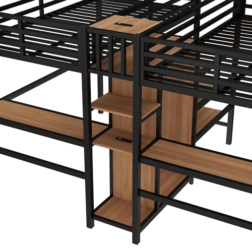 Bellemave Twin Over Twin Metal Loft Bed with Desk and Wardrobe for 2 Kids,Twin Size Heavy Duty Double Loft Bed Frame with Charging Station and Shelves for Boys,Girls,Adults,Woodgrain Bellemave