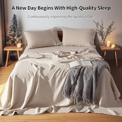 LBRO2M 100% Linen Sheet Set Queen Size, Bed Sheets 4 Piece Sets, Solid Color Natural Flax Bed Sheets Soft Breathable Bedding,16" Deep Pocket,All Season (Queen, Linen) LBRO2M