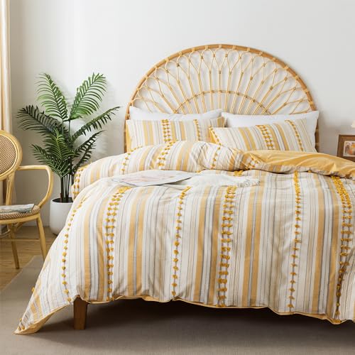 La Sheer Washed Cotton Queen Size Duvet Cover Set - Tufted Dots Boho Chic Bedding for All Seasons, Striped Pom Pom Bedding Linen Like Textured Breathable Durable Soft Comfy (Yellow, 90x90'') La Sheer