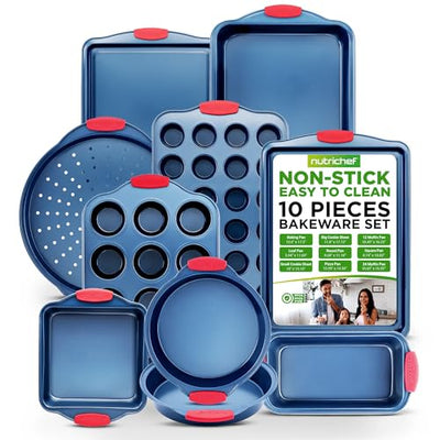 NutriChef 10-Piece Nonstick Bakeware Set - Premium Carbon Steel Baking Pans w/Silicone Handles - Includes Pizza Tray, 12 & 24 Cup Muffin Pans, Cookie Sheets, Round & Square Pans, Loaf Pan - Blue