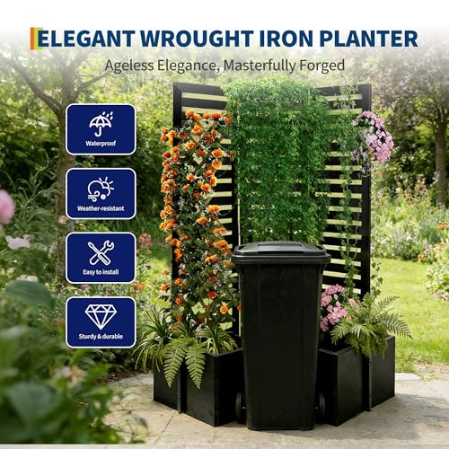 Privacy Screen with Planter Box - 3-Panel Freestanding Outdoor Room Divider, 51x70x31 Inch Metal Garden Fence with 4 Self-Draining Raised Garden Beds for Patio Deck Yard, Black Garvee