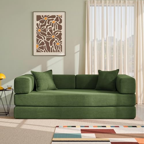 YINIX Foldable Sofa Bed, 78'' Folding Floor Couch, Compressed Convertable Sleeper Sofa, Memory Foam Couch with Pillow Back Support Armrest, 4-in-1 Futon Sofa Bed for Living Room, Green YINIX